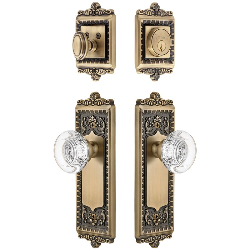 Windsor Long Plate Entry Set with Bordeaux Crystal Knob in Vintage Brass