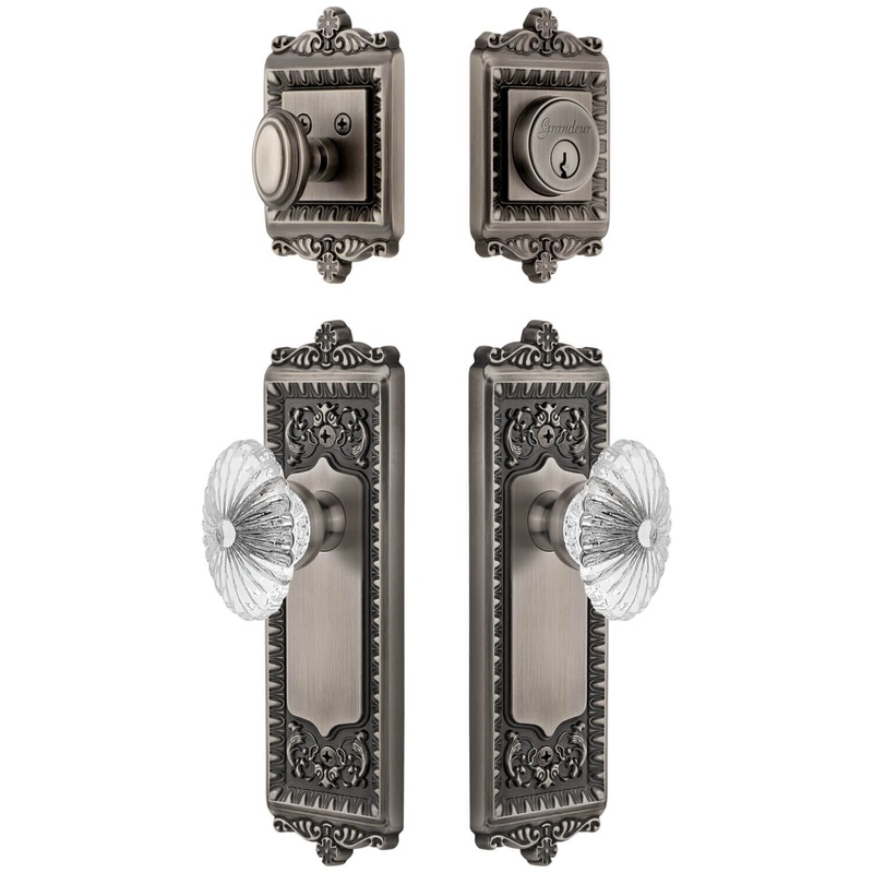 Windsor Long Plate Entry Set with Burgundy Crystal Knob in Antique Pewter