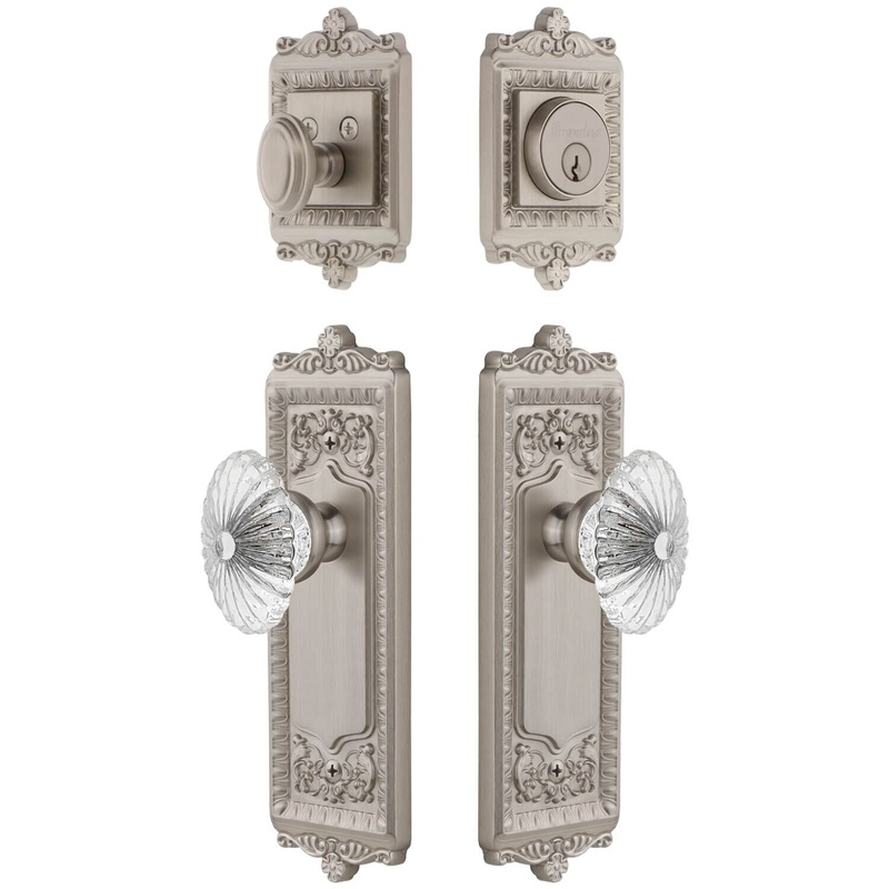 Windsor Long Plate Entry Set with Burgundy Crystal Knob in Satin Nickel