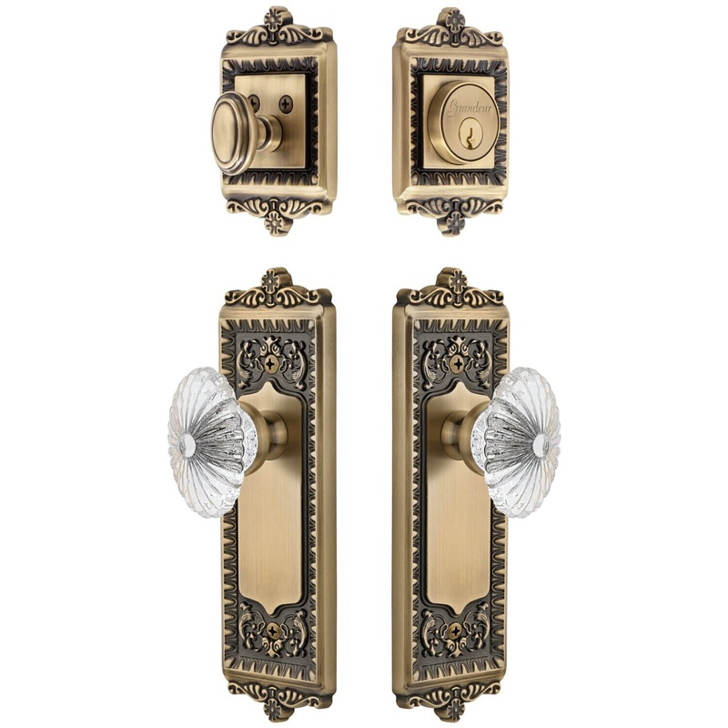Windsor Long Plate Entry Set with Burgundy Crystal Knob in Vintage Brass