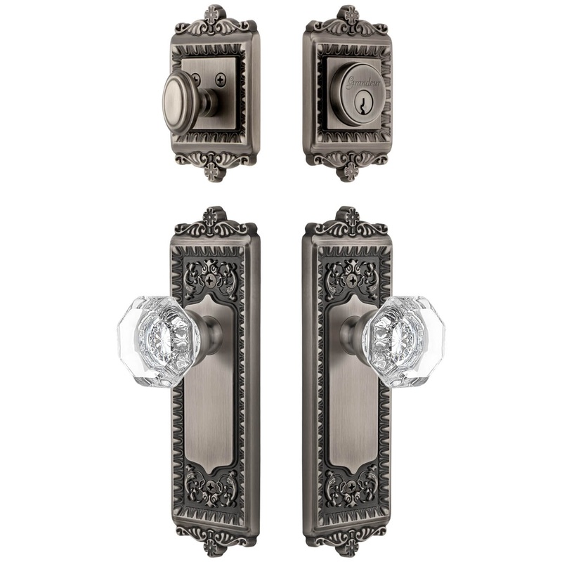 Windsor Long Plate Entry Set with Chambord Crystal Knob in Antique Pewter