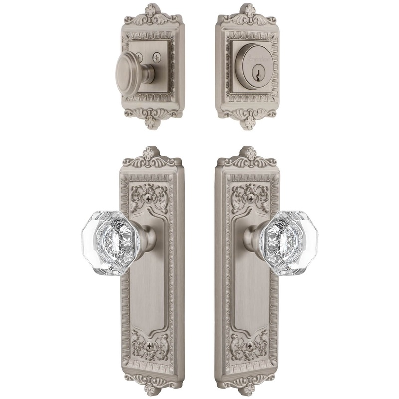 Windsor Long Plate Entry Set with Chambord Crystal Knob in Satin Nickel