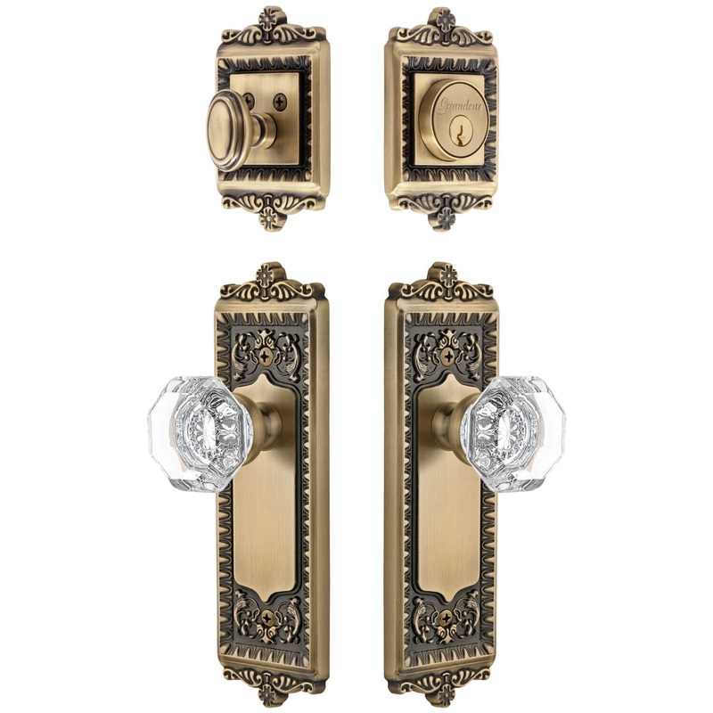 Windsor Long Plate Entry Set with Chambord Crystal Knob in Vintage Brass
