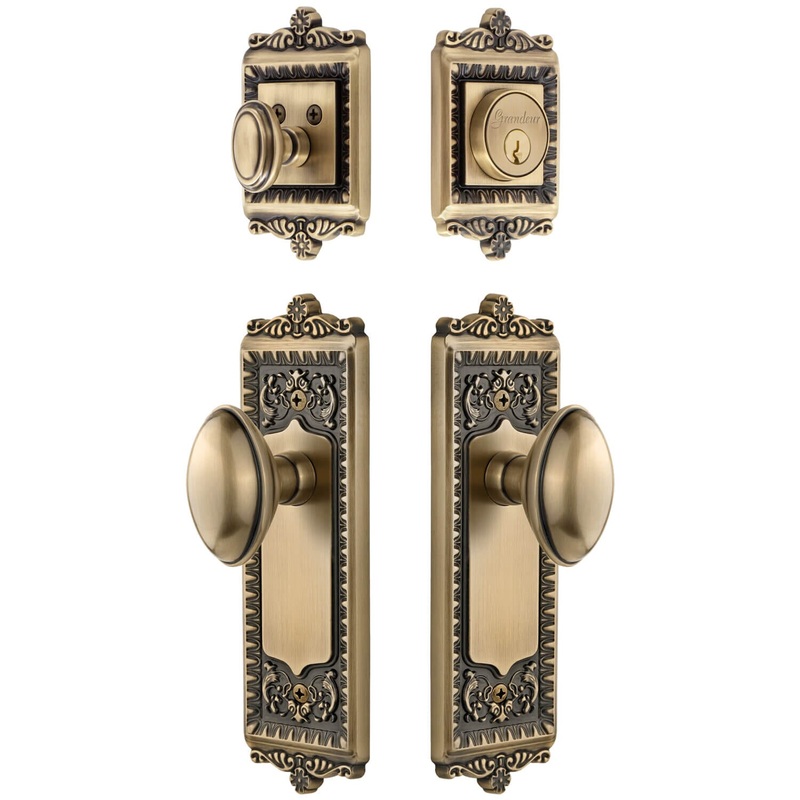 Windsor Long Plate Entry Set with Eden Prairie Knob in Vintage Brass