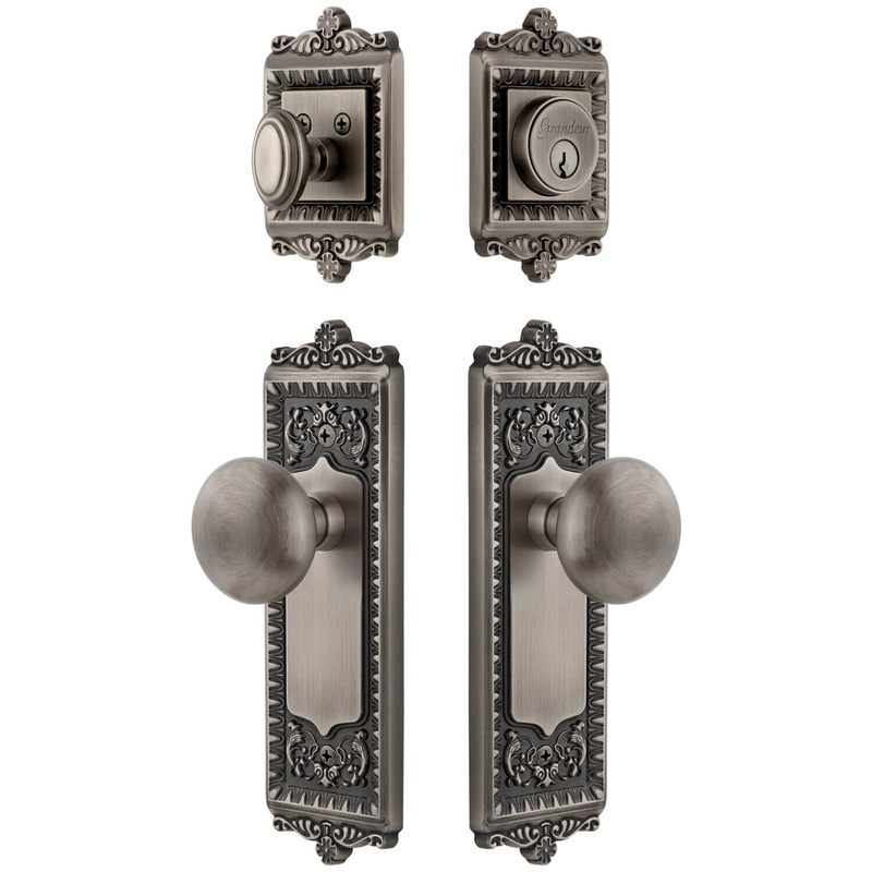Windsor Long Plate Entry Set with Fifth Avenue Knob in Antique Pewter