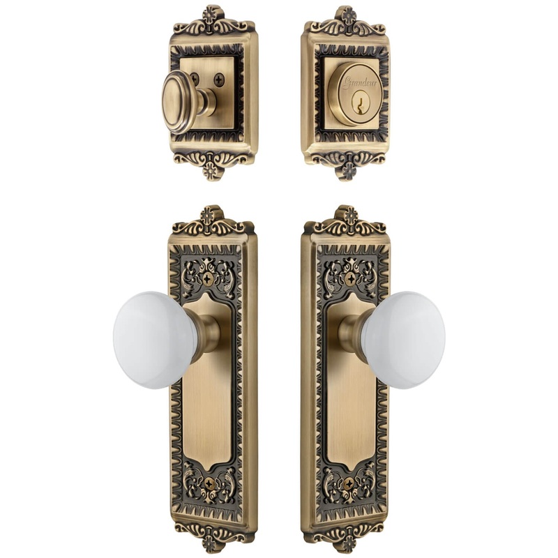 Windsor Long Plate Entry Set with Hyde Park Knob in Vintage Brass