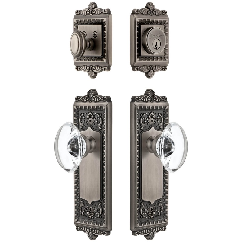 Windsor Long Plate Entry Set with Provence Crystal Knob in Antique Pewter
