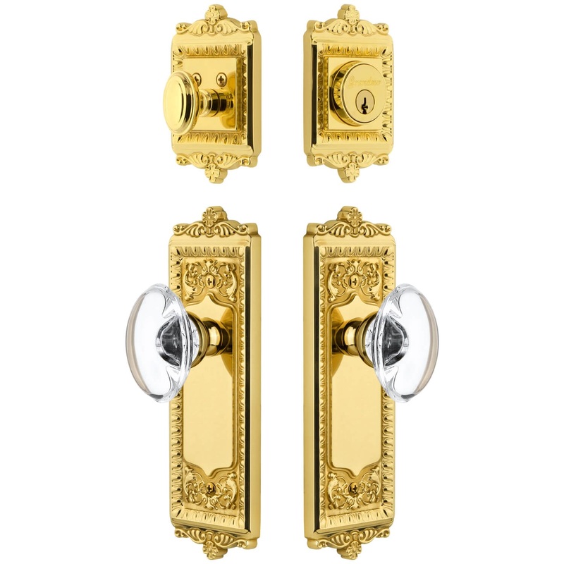 Windsor Long Plate Entry Set with Provence Crystal Knob in Lifetime Brass