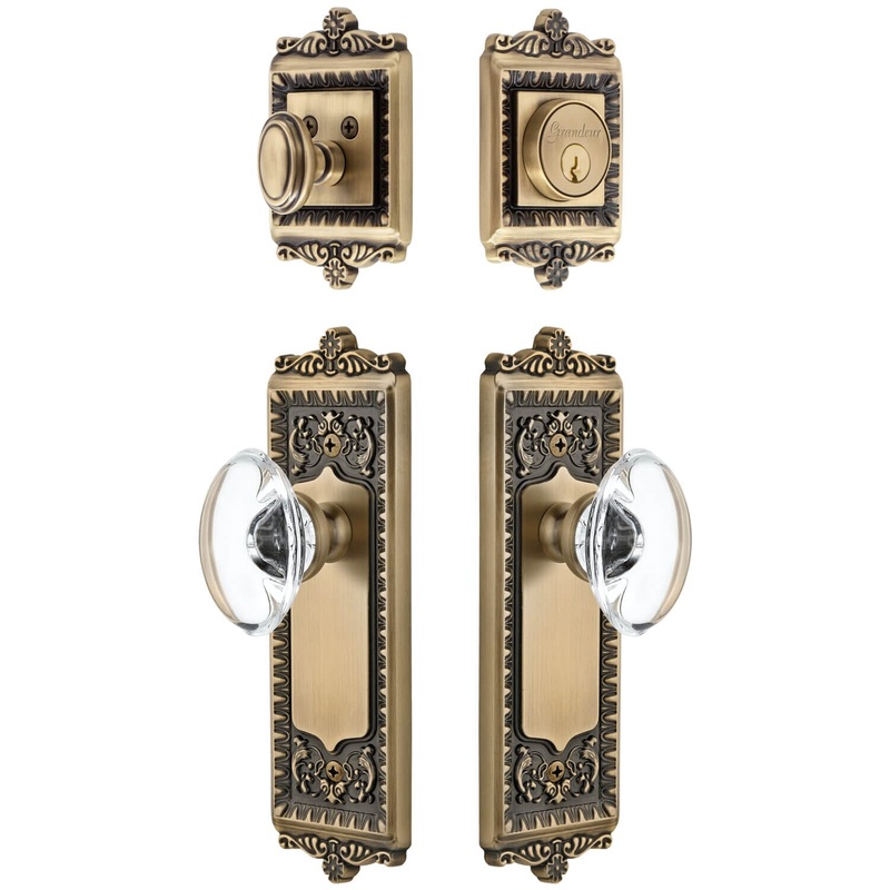 Windsor Long Plate Entry Set with Provence Crystal Knob in Vintage Brass