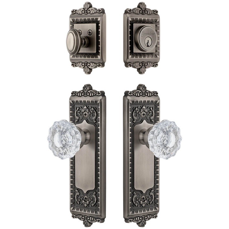 Windsor Long Plate Entry Set with Versailles Crystal Knob in Antique Pewter