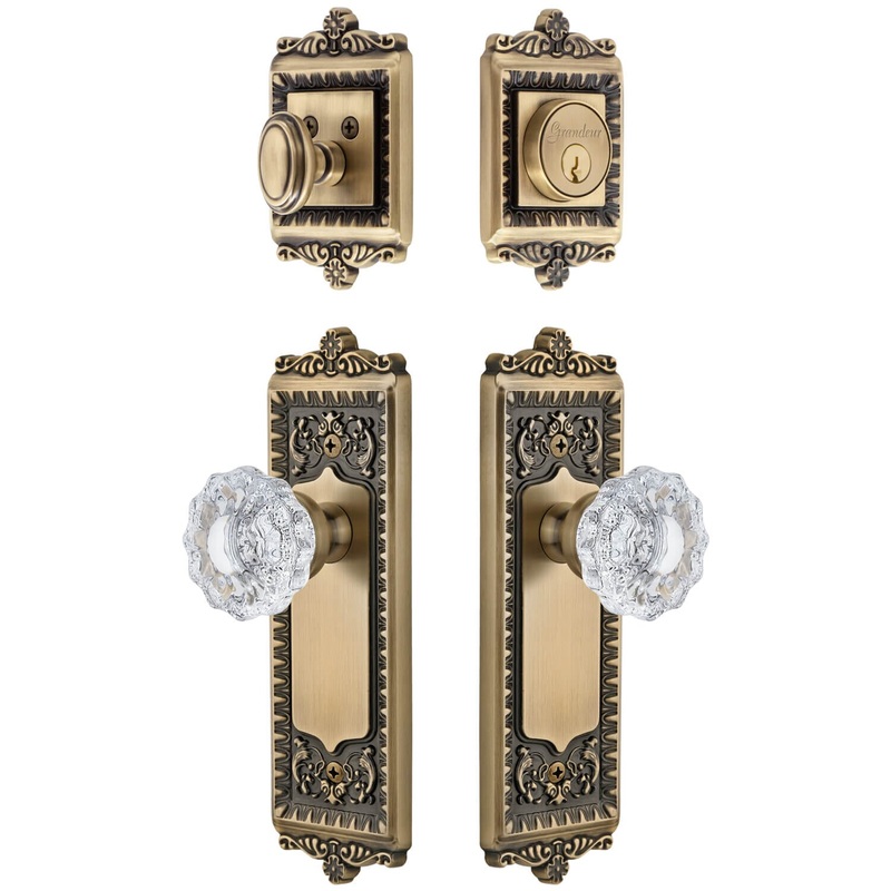 Windsor Long Plate Entry Set with Versailles Crystal Knob in Vintage Brass