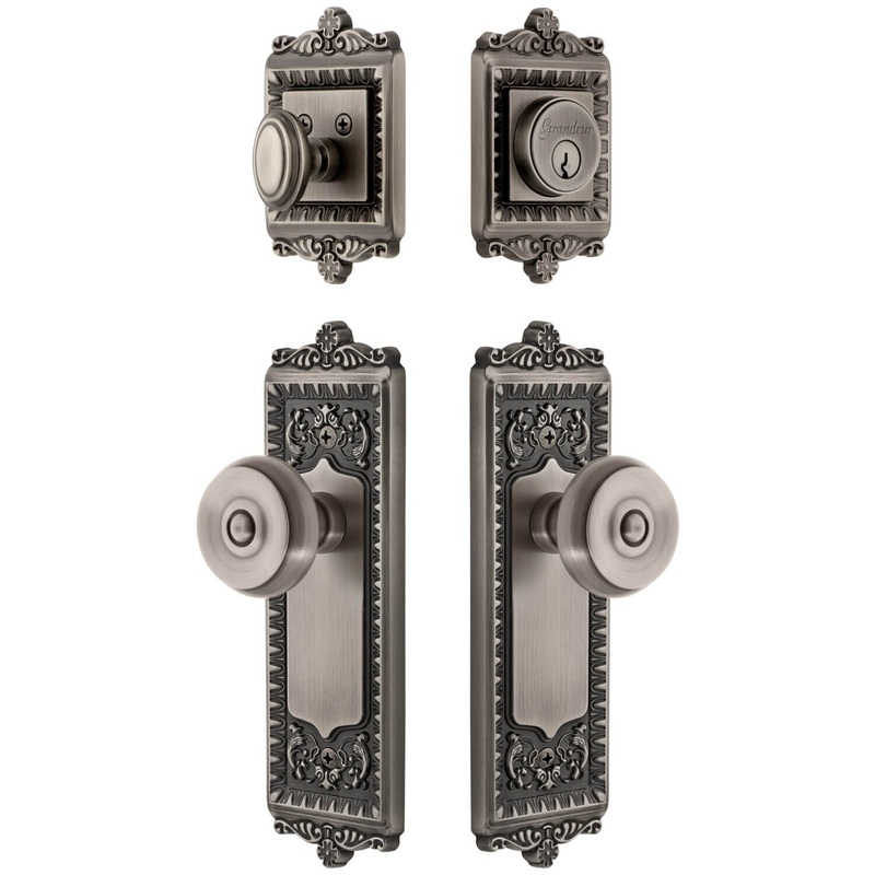 Windsor Long Plate Entry Set with Bouton Knob in Antique Pewter