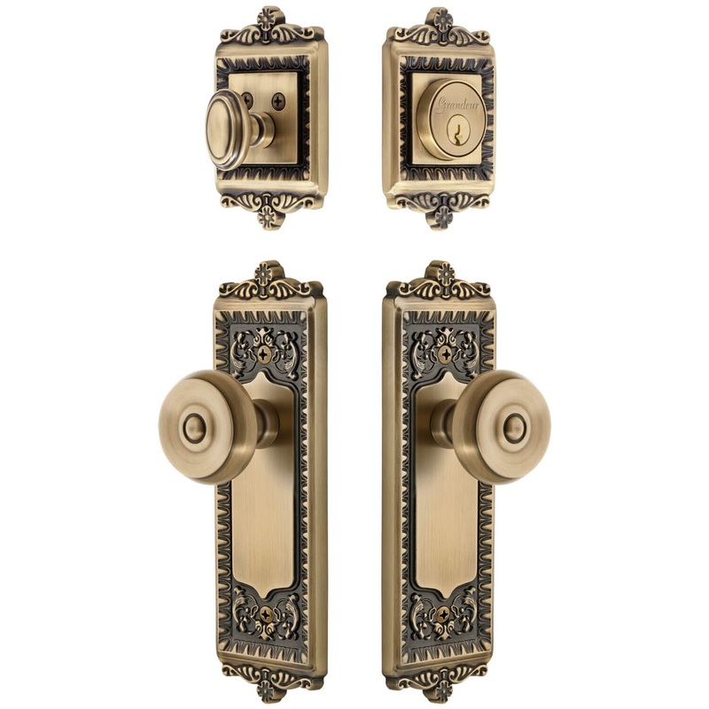 Windsor Long Plate Entry Set with Bouton Knob in Vintage Brass