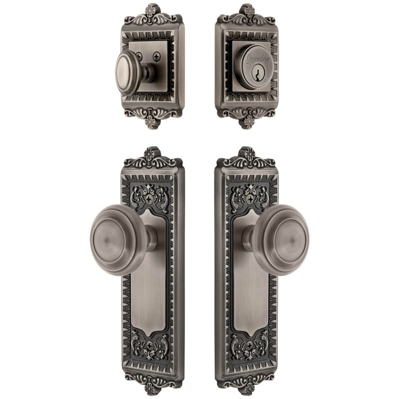 Windsor Long Plate Entry Set with Circulaire Knob in Antique Pewter