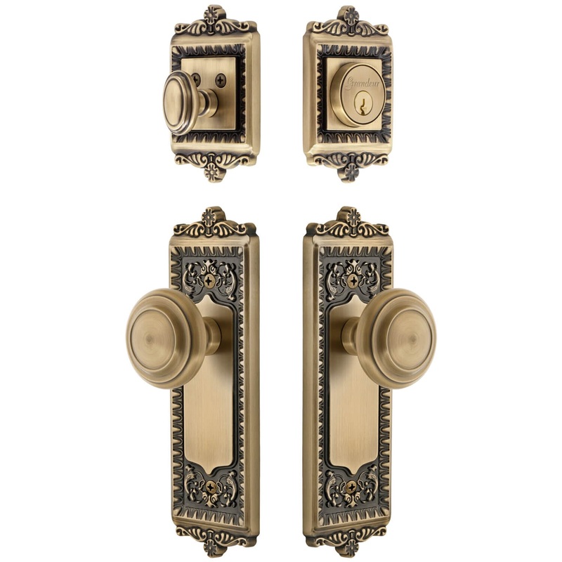 Windsor Long Plate Entry Set with Circulaire Knob in Vintage Brass