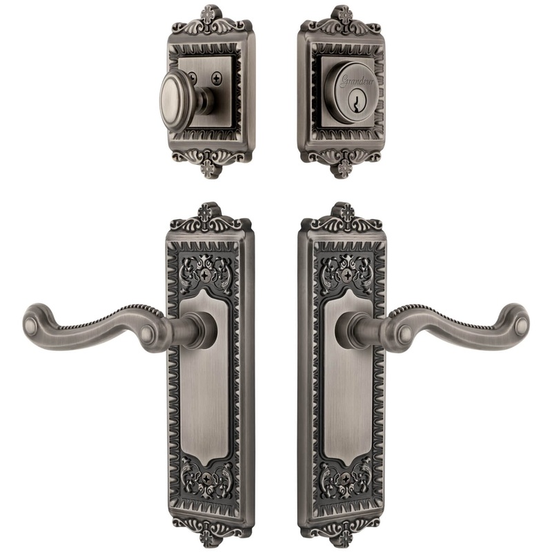 Windsor Long Plate Entry Set with Newport Lever in Antique Pewter
