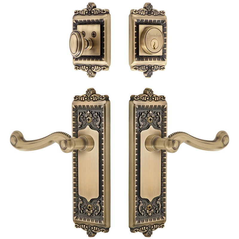 Windsor Long Plate Entry Set with Newport Lever in Vintage Brass