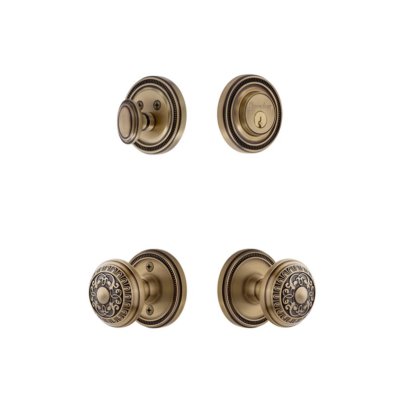 Soleil Rosette Entry Set with Windsor Knob in Vintage Brass