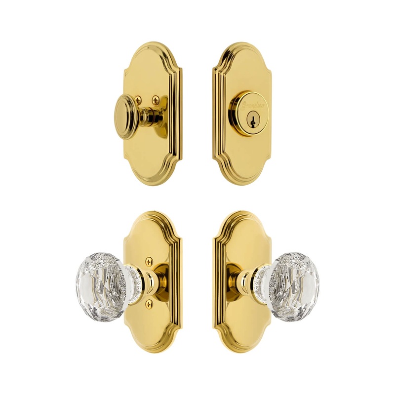 Arc Short Plate Entry Set with Brilliant Crystal Knob in Lifetime Brass
