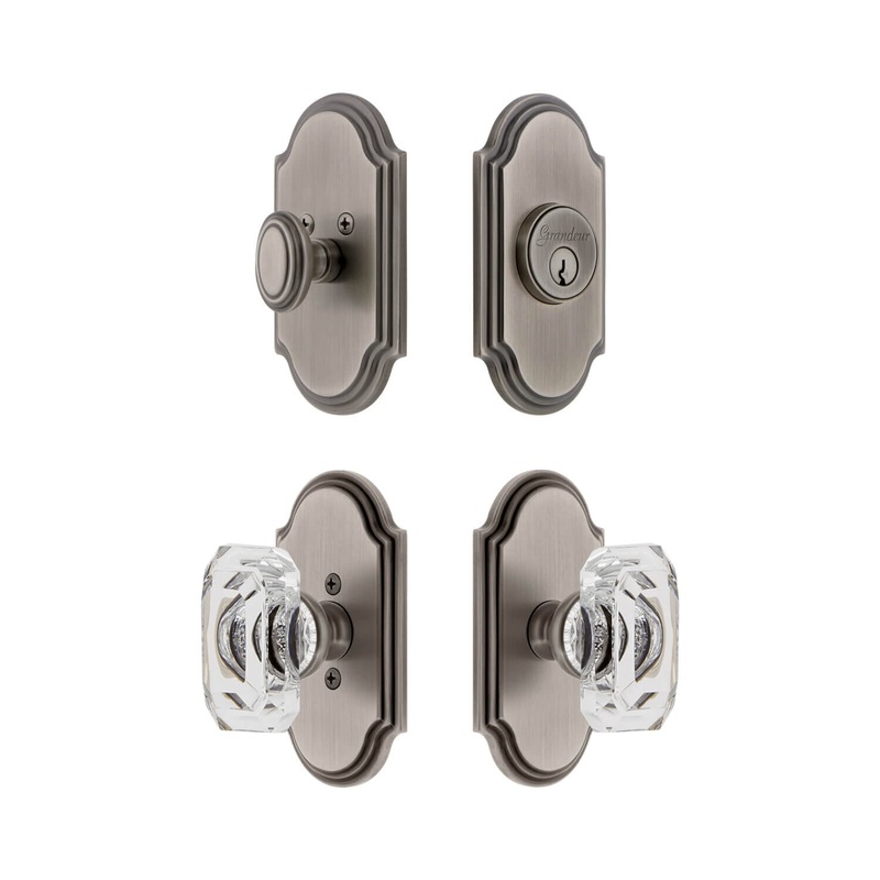 Arc Short Plate Entry Set with Baguette Clear Crystal Knob in Antique Pewter