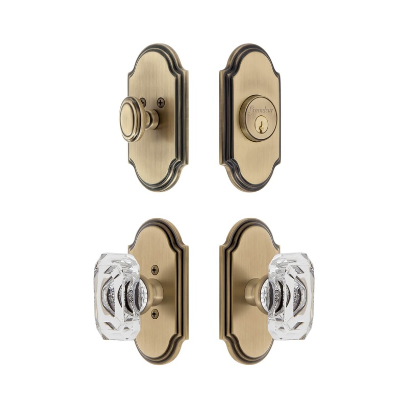 Arc Short Plate Entry Set with Baguette Clear Crystal Knob in Vintage Brass